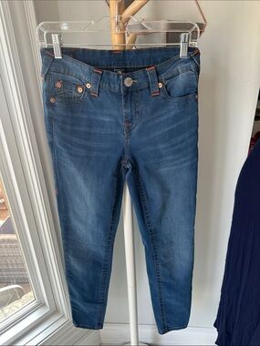 TRUE RELIGION Halle Mid Rise Dark Blue Denim Women’s Stretch Slim Jeans Size 28